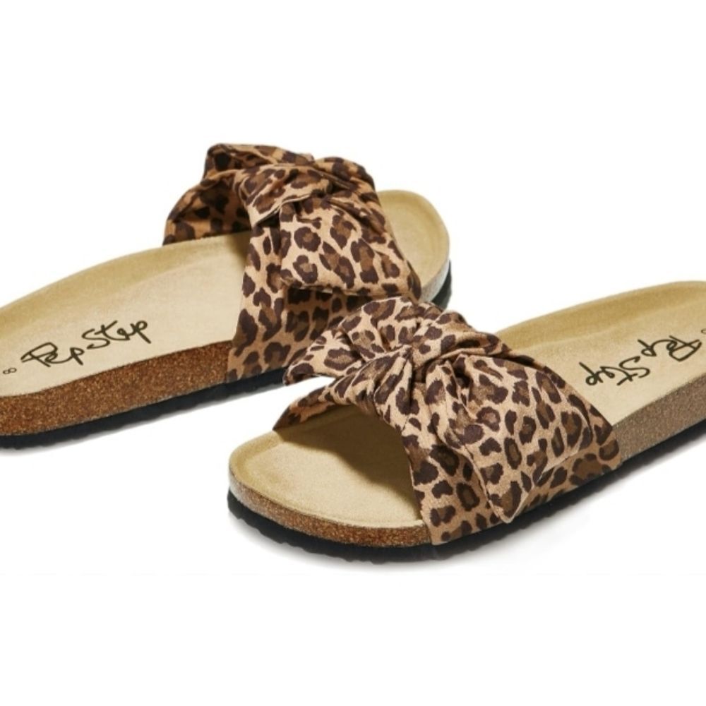 Pep Step Leopard Print Bow Knot Cork Slide Sandals, Sz 8.5 - Picture 2 of 11